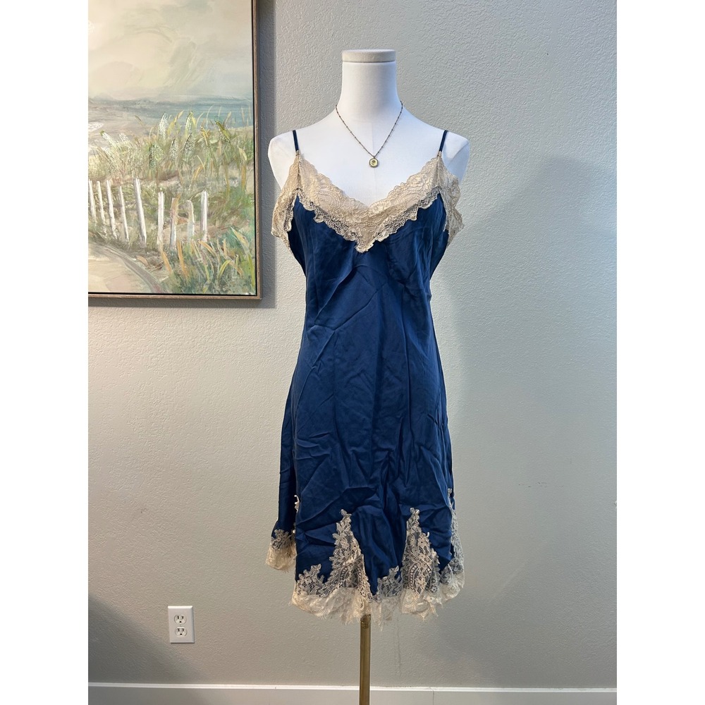 Navy Blue Satin Lace Chemise Slip Dress Garter Lingerie Coquette